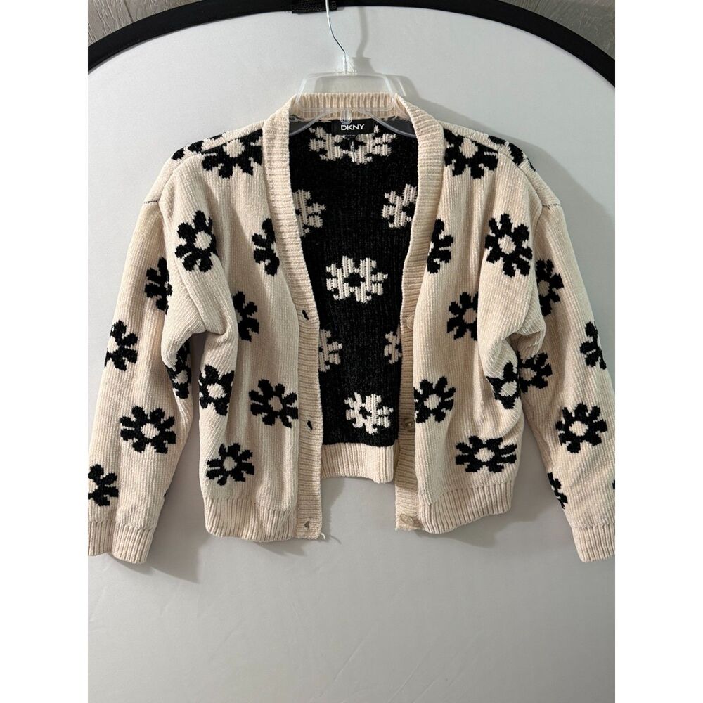 DKNY Girls 14-16 Cream Black Daisy Floral Knit Cardigan Sweater